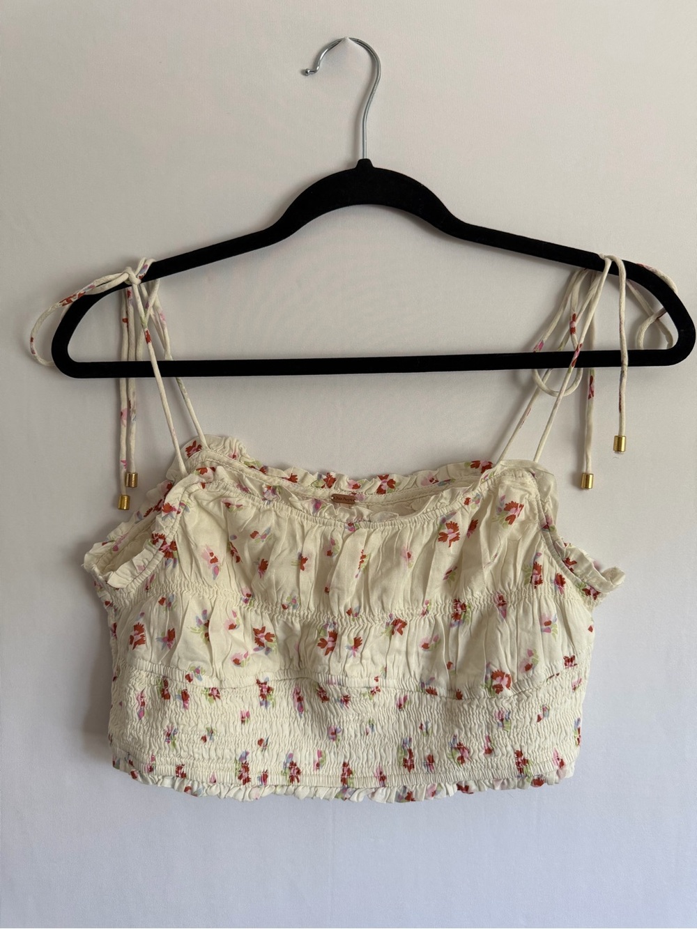 Free People Floral Smocked Crop Top Ivory Boho Tie Strap M Cottagecore Tank